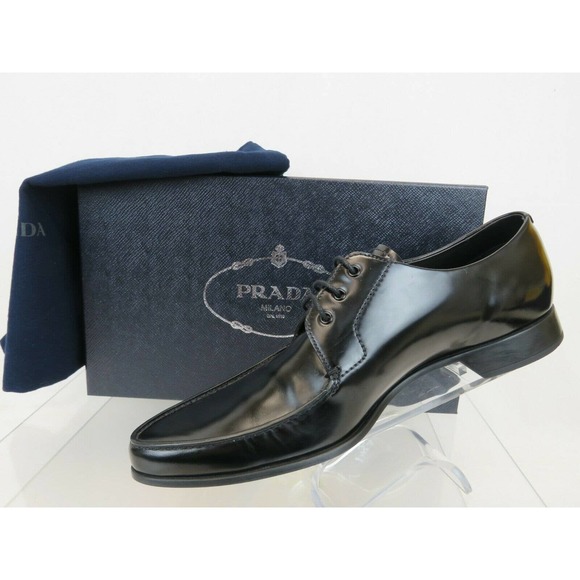 PRADA 2EC124 BLACK POLISHED LEATHER POINTED TOE LACE UP LOGO OXFORDS 11 US 12 main image 8